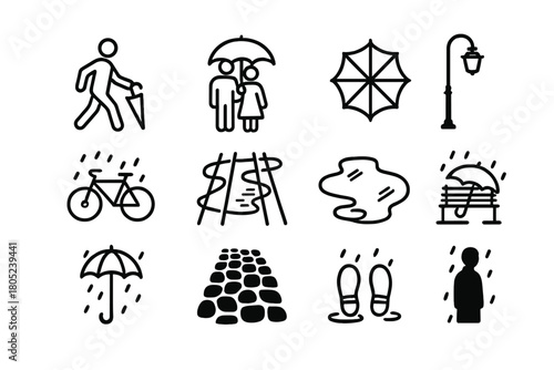 Rainy City Icons. Rainy Street Photography. Line outline icon set of umbrellas and wet city life: walking