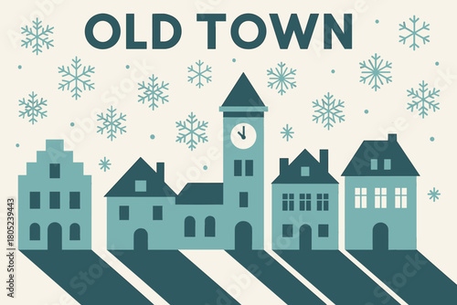Old Town Winter. Old town winter. geometric sans heavy, flat fills, long angled shadows, minimalist poster
