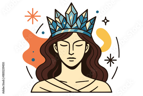 Ice Queen's Tiara. Crown of ice. A detailed geometric tiara rests on the snow queen’s hair, shimmering in