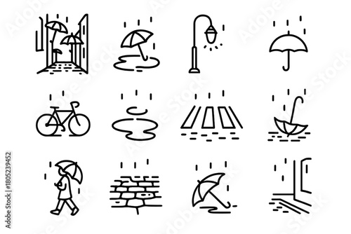 Rainy Alley Icons. Rainy Alley. Line outline icon set of photography details: narrow street with umbrellas,