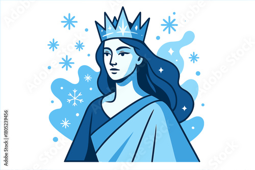 Regal Snow Queen. Snow queen with crown. A regal woman with a shimmering icy crown stands amidst floating