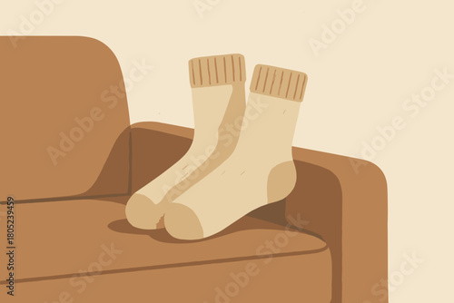 Cozy Woolen Socks. minimalist flat illustration of a pair of warm wool socks resting on a couch, soft textures