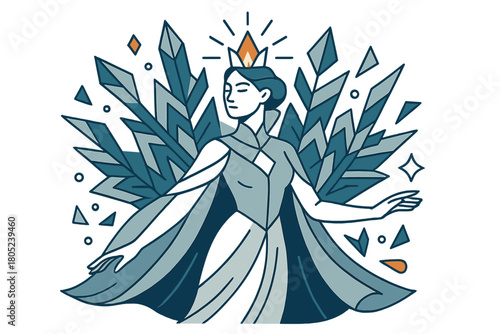 Snow Queen Majesty. Crystal aura. Snow queen with transparent flowing cloak, crown shining like frozen