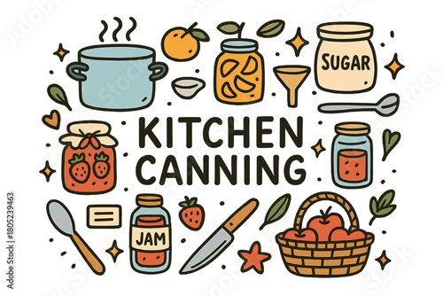 Kitchen Canning Doodles. Kitchen canning. Hand-drawn doodle illustration of kitchen canning. Pot, mason jars,