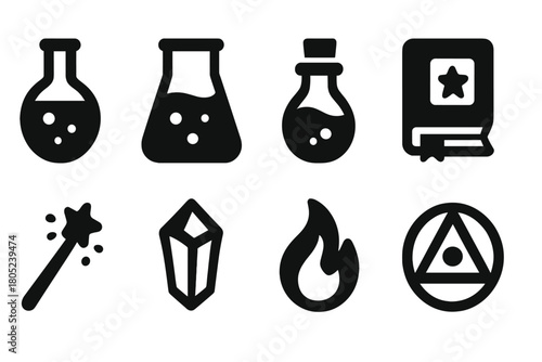 Alchemy Icon Set. Alchemy. Filled icon set of Alchemy: flask, beaker, potion bottle, spellbook, wand, crystal,