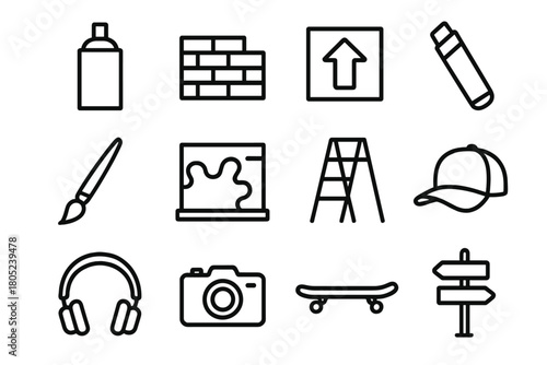 Urban Graffiti Icons. Urban graffiti. Line outline icon set of urban graffiti: spray paint can, brick wall,