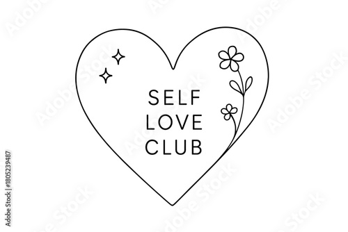 Self Love Club. “Self Love Club”. Minimalistic one-line drawing of a heart with tiny stars and flowers,