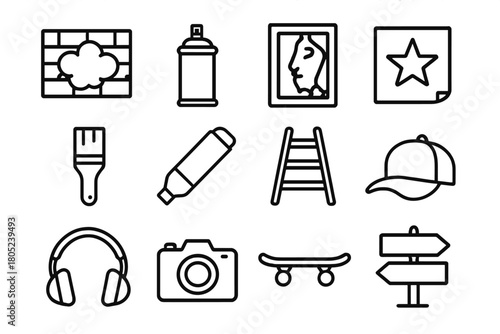 Urban Art Icons. Urban art scene. Line outline icon set of urban art scene: graffiti wall, spray paint can,