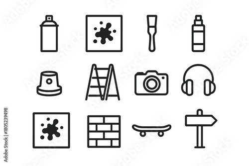 Graffiti Artist Tools Icons. Graffiti artist tools. Line outline icon set of graffiti artist tools: spray