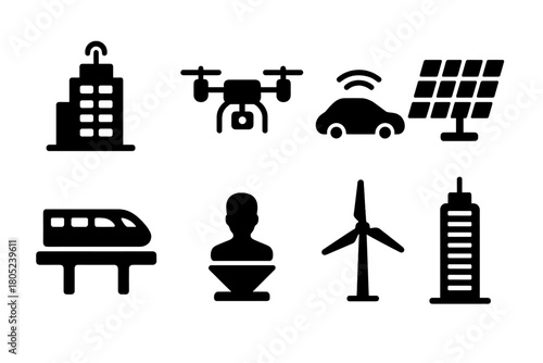 High-Tech Icon Set. High-Tech District. Filled icon set of High-Tech District: smart building, drone,