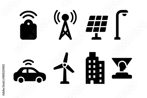 Smart City Icon Set. Smart City. Filled icon set of Smart City: sensor, Wi-Fi tower, solar panel, street light