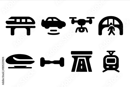 Futuristic Transport Icons. Futuristic Transport. Filled icon set of Futuristic Transport: monorail, flying