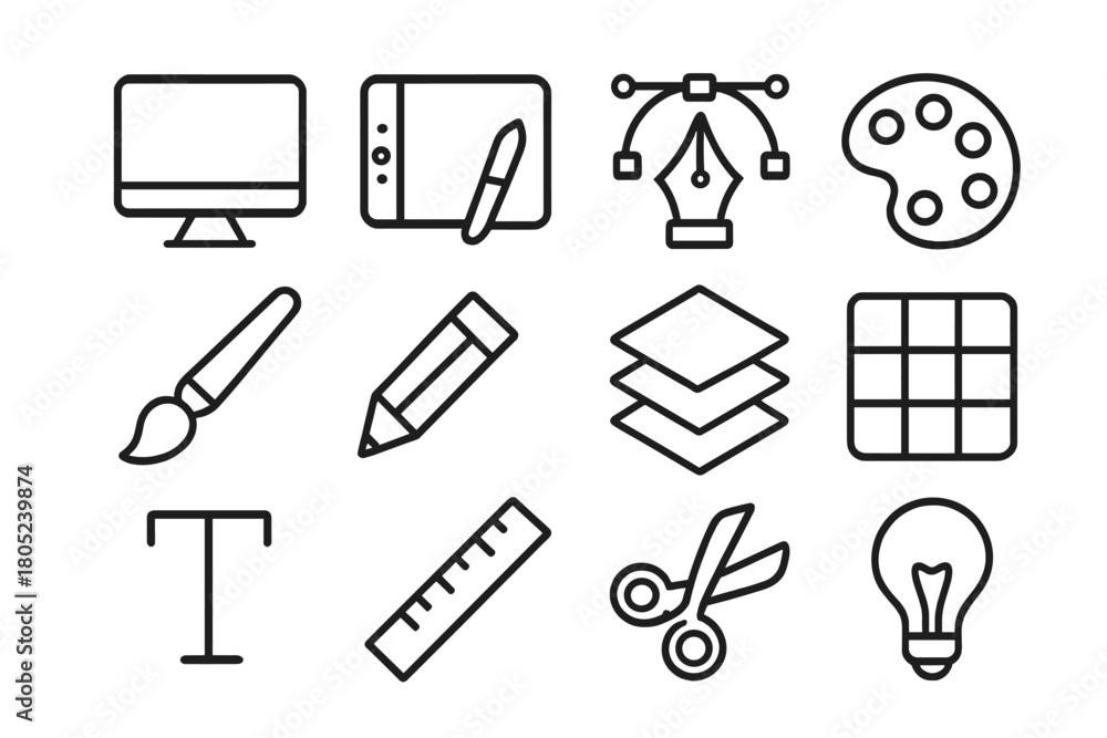 Fototapeta premium Digital Art Tools Icons. Digital art tools. Line outline icon set of digital art tools: computer monitor,