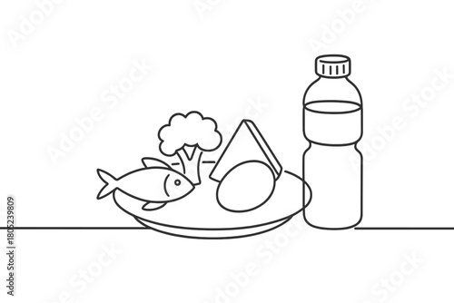 Minimalist Athlete Nutrition. Nutrition for Athletes. Minimalistic one-line drawing plate with balanced food