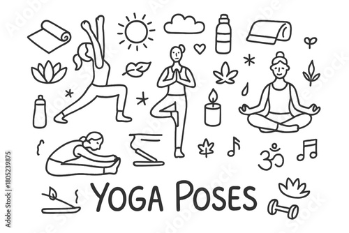Yoga Doodle Illustrations. Yoga Poses. Hand-drawn doodle illustration of Yoga Poses. In the middle, one