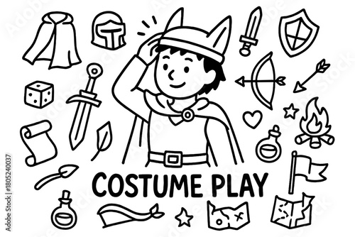Doodle Costume Play. Costume Play. Hand-drawn doodle illustration of Costume Play. In the middle, one slightly