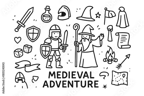 Medieval Adventure Doodle. Medieval Adventure. Hand-drawn doodle illustration of Medieval Adventure. In the