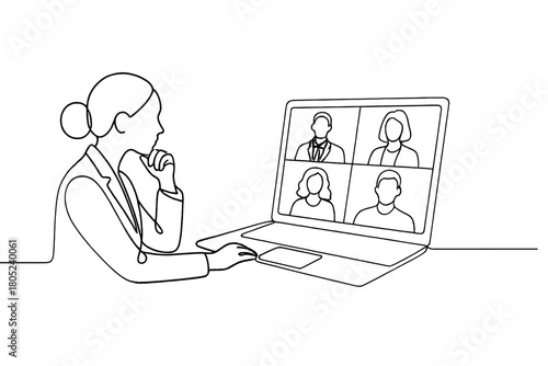 Minimalist Remote Collaboration. Remote Teamwork. Minimalistic one-line drawing professionals on video call