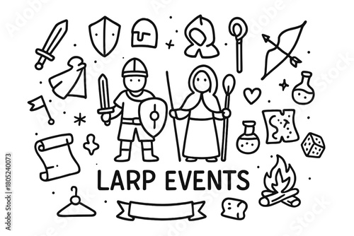 LARP Adventure Icons. LARP Events. Hand-drawn doodle illustration of LARP Events. In the middle, one slightly