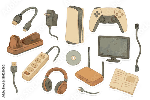 Watercolor Gaming Essentials. Connecting Devices. Realistic hand-painted watercolor style sticker sheet of