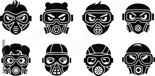 Set of black and white cartoon faces wearing gas masks