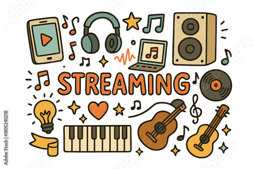 Streaming Music Doodles. Streaming music. Hand-drawn doodle illustration of streaming music. Smartphone,