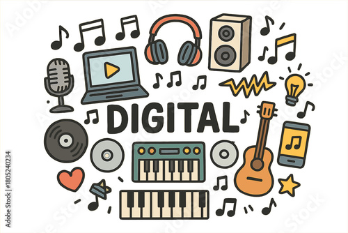 Digital Music Doodle. Digital music. Hand-drawn doodle illustration of digital music. Laptop, headphones,