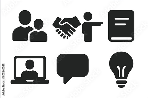 Mentorship Icons Set. Mentorship. Filled icon set of Mentorship: mentor, mentee, handshake, guidance, notebook
