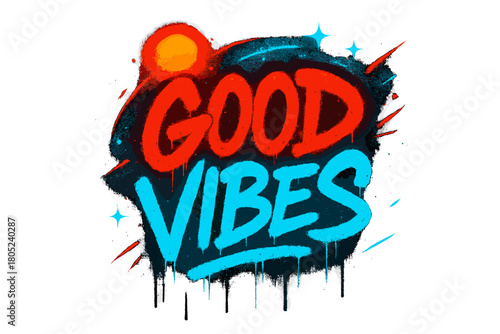 Good Vibes Graffiti. “Good Vibes”. neon graffiti lettering, bold spray-paint strokes, dripping textures,