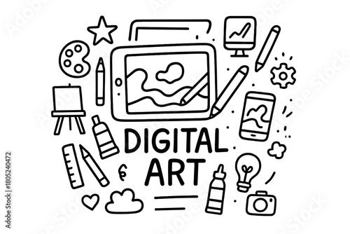 Digital Art Doodle. Digital Art. Hand-drawn doodle illustration of Digital Art. In the middle, one slightly