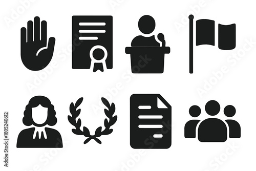 Oath Icon Collection. Oath of Allegiance. Filled icon set of Oath of Allegiance: hand raised, certificate,
