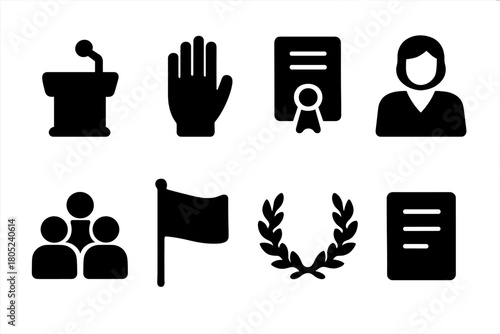 Swearing-In Icons Set. Swearing-In Event. Filled icon set of Swearing-In Event: podium, hand raised,