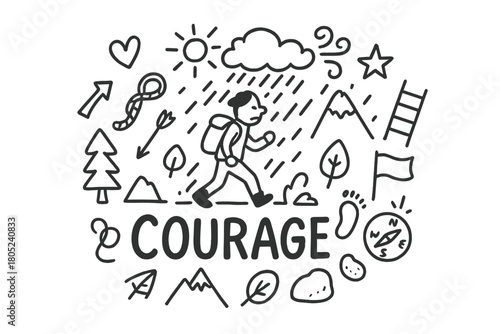 Courage Through Storm. Courage. Hand-drawn doodle illustration of Courage. In the middle, one slightly larger