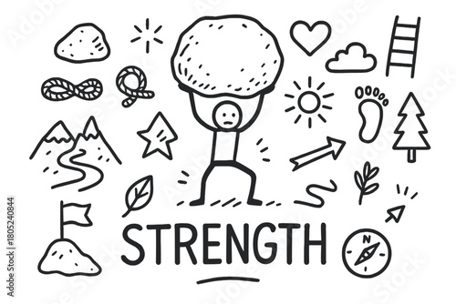 Strength in Doodles. Strength. Hand-drawn doodle illustration of Strength. In the middle, one slightly larger