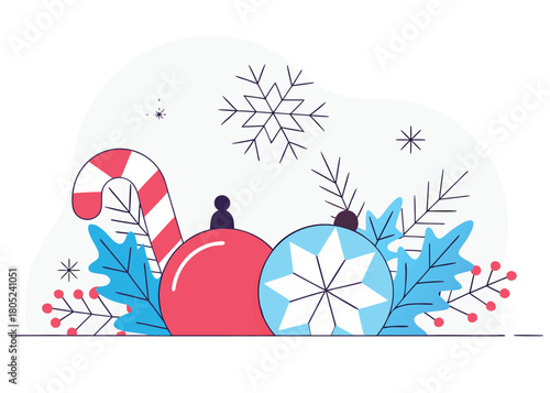 Festive holiday spirit with ornaments, candy cane, and winter foliage for stylish greeting card design or seasonal social media campaign promotion
