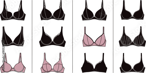 A diverse collection of women's lingerie illustrations showing various bra designs and styles