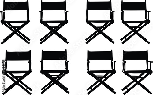 Array of classic director's chairs, symbolizing film production, behind-the-scenes movie sets, and creative industry seating arrangements