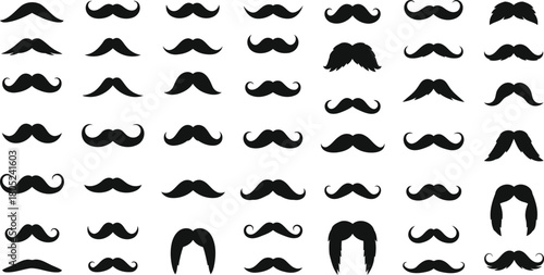A diverse collection of black silhouette mustache icons in various classic and modern styles