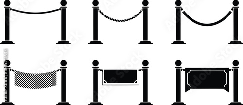 Elegant stanchion barriers for crowd control and exclusive event management, featuring various rope and sign designs