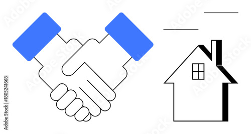Handshake beside a house icon representing agreement, partnership, and cooperation in real estate. Ideal for real estate, housing, collaboration, partnership, negotiation, homeownership housing
