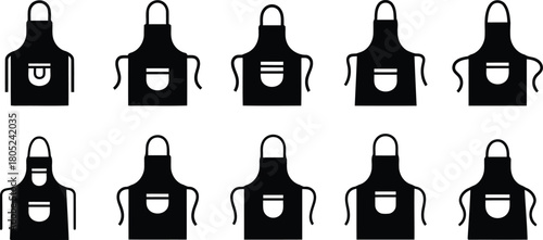 Collection of black apron illustrations in various designs for culinary and cooking projects
