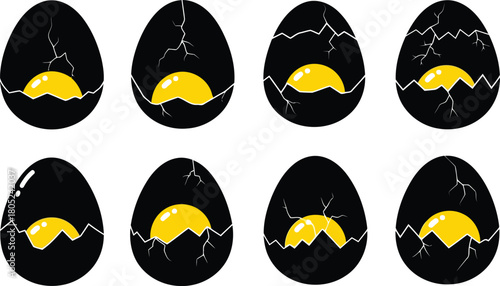 A set of black eggs cracking open in various stages revealing the yolk inside