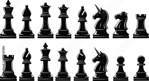 A complete set of isolated black chess pieces for strategy games and tournaments