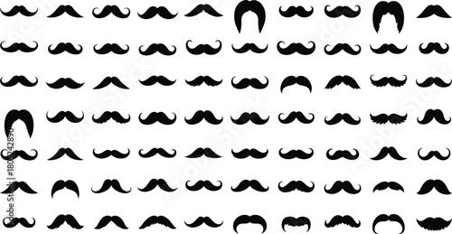 A diverse collection of black mustache silhouettes representing various historical styles