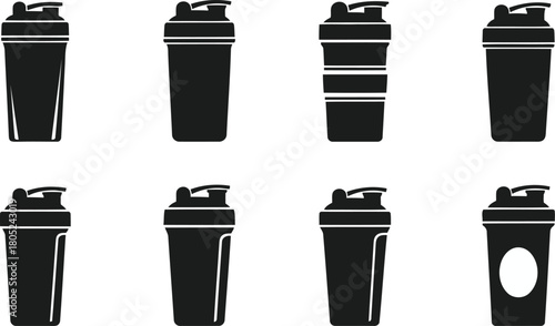 Collection of eight black and white icons of various protein shake bottles