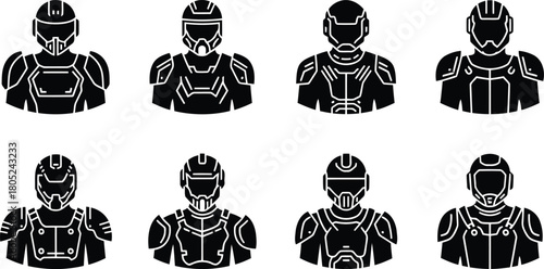 Diverse Collection of Futuristic Armored Sci-Fi Soldier Icons Helmeted Warrior Avatars in Protective Gear