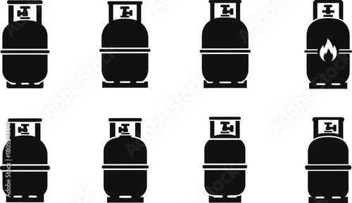 A versatile set of black vector icons depicting various gas cylinders and propane tanks