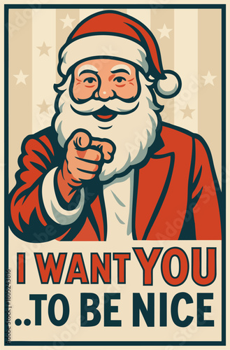 Vintage-style Santa Claus pointing directly at the viewer, wearing a red suit and hat, with a playful expression and retro poster design