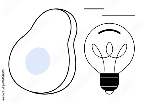 Stylized avocado sliced open beside a lightbulb with clean lines. Ideal for concepts thumbs up innovation, creativity, sustainability, simplicity, design thinking, healthy living, and ideas. A simple