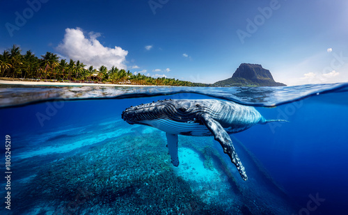 Indian Ocean, Mauritius Whale and humpback whale and vibrant coral reefs and sea Turtles. Mauritius island under waterfall, Mauritius undersea, Mauritius sea, humpback whale	